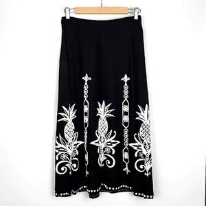 Faith Resortwear Black Long A-Line Skirt White Pineapple Print Sequins Sz Small